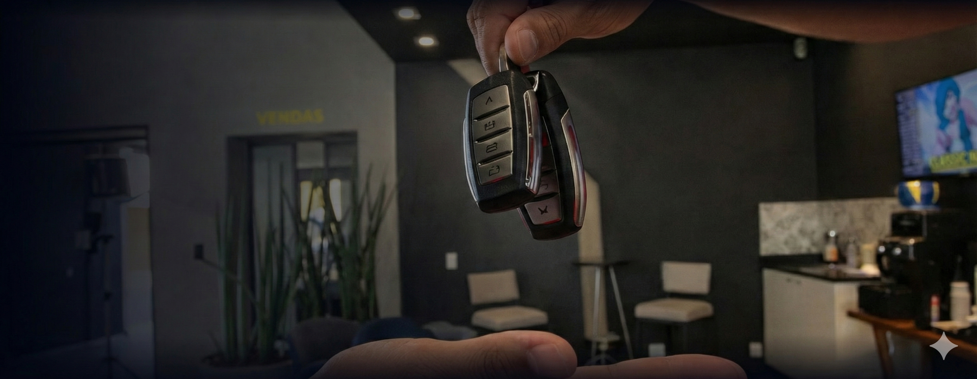 Mão entregando chave de carro no showroom Via Brasil